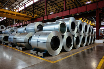 Rolls of galvanized steel sheet inside the factory or warehouse