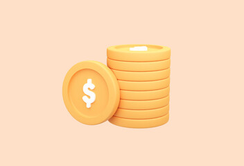 3D Stack of Gold Coins with Dollar sign. Cash Money. Cartoon icon isolate on background. Business financial investment. 3D Rendering
