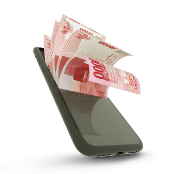 3D rendering of Indonesian rupiah notes inside a mobile phone isolated on white background