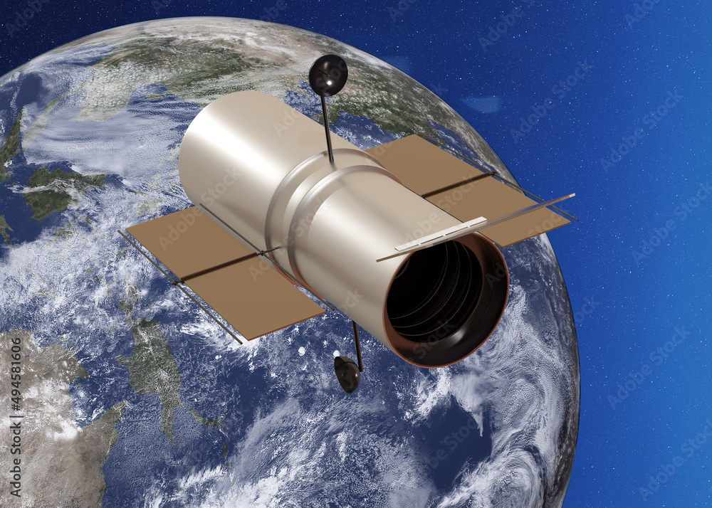 Wall mural space telescope hubble near the earth planet of solar system in outer space. 3d rendered illustratio