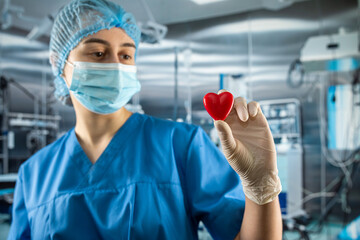 Female doctor or nurse in blue uniform, gloves mask holding small red heart in operating room