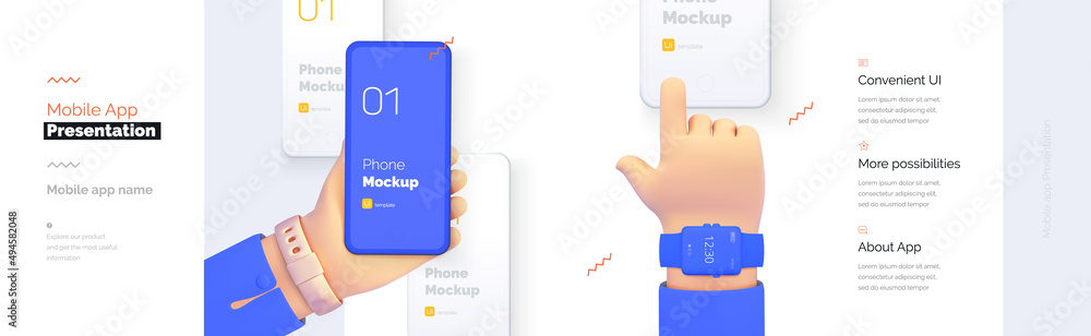 Poster modern presentation of a mobile application. mobile phone mockup on a blue background with a descrip