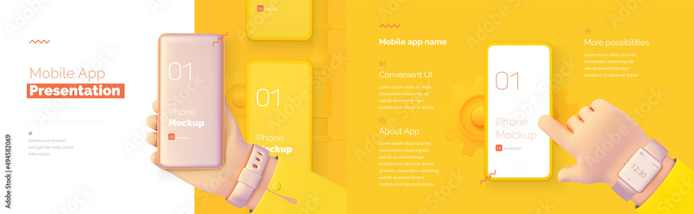 Poster modern presentation of a mobile application. mobile phone mockup on a yellow background with a descr