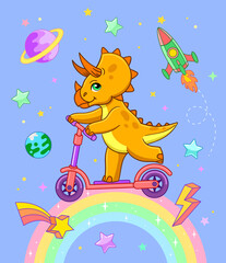 Cartoon triceratops on electric scooter in space. Vector illustration for kids
