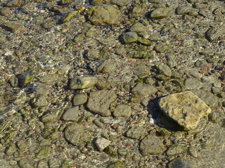Close up of Baltic sea ripple on water surface with sunlight reflecting on a sunny day. Various size smooth brown stones, pebble under water
