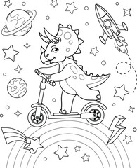 Cute dinosaur ride an electric scooter in space. Vector outline for coloring page