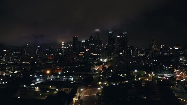 Cinematic Los Angeles Downtown Aerial at Night. Aerial of Downtown Los Angeles California at Night. Aerial panoramic view of Los Angeles downtown. Financial District View of DTLA. 