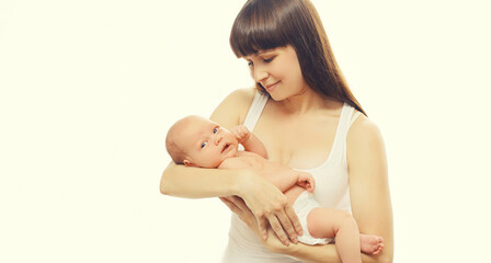 Portrait of baby sleeping on mother's hands on white background