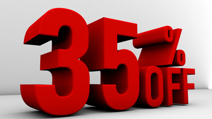 3d Illustration with text: 35% off Special Offer. Discount for big sales. Red text color on a white background.