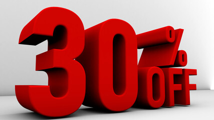 3d Illustration with text: 30% off Special Offer. Discount for big sales. Red text color on a white background.