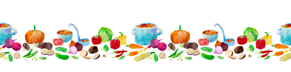 Hand-drawn watercolor vegetable soup seamless ornament border line. Ingredients such as carrot, beetroot, cabbage and chili. For farmers market, products design, stickers or postcards