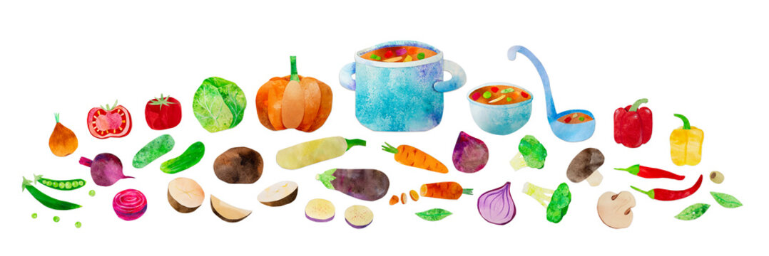 Hand-drawn watercolor vegetable soup collection set. Ingredients such as carrot, beetroot, cabbage and chili. Cute kidcore illustration, for farmers market, products design, stickers or postcards.
