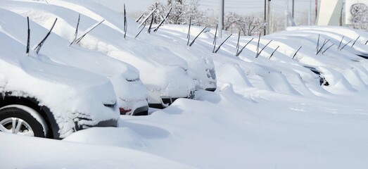 Cars at a car dealership in Indianapolis, Indiana, USA, are seen after a heavy winter snowfall with...