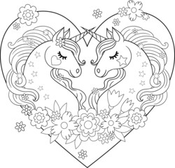 Cute unicorns with flowers in heart shape frame. Vector outline for coloring page