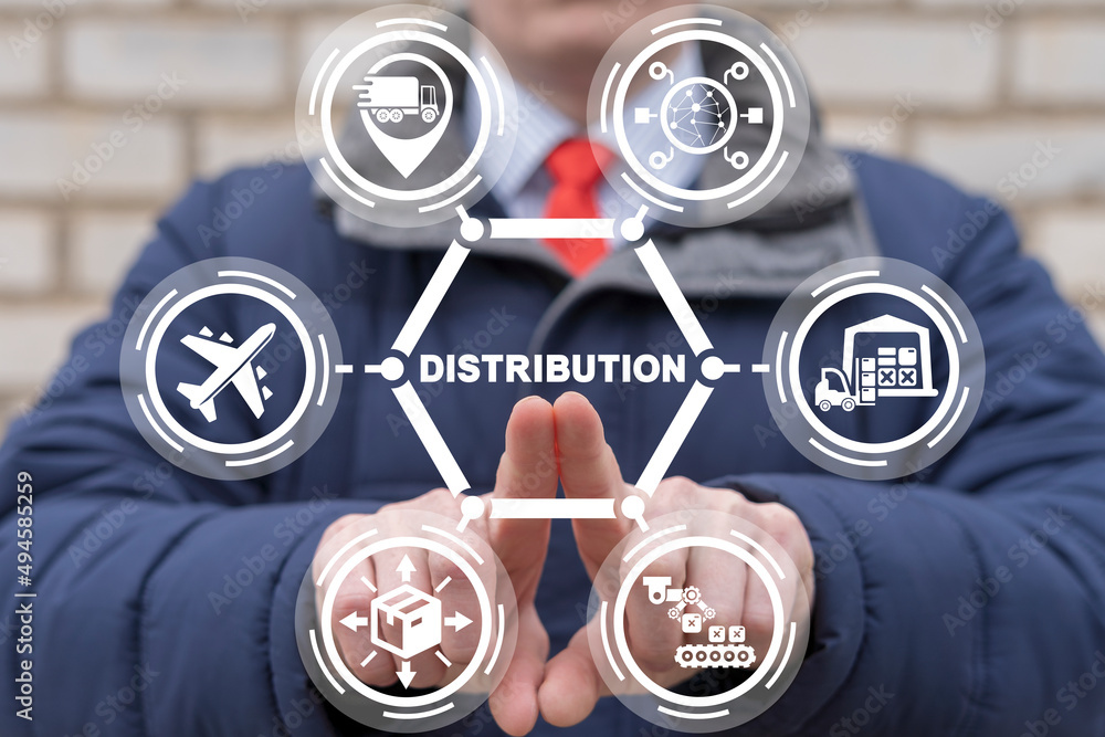 Poster concept of distribution and smart global logistics. delivery and global business communications netw