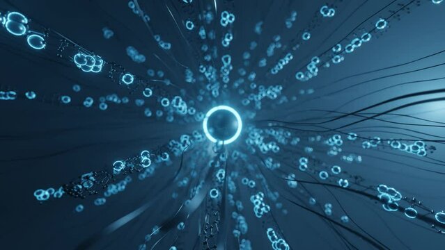 Molecular chains directed to the center of the luminous core, Illustration Abstract 3d Render, soft focus, Illustration Abstract 3d Render