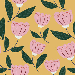 Yellow with pink flowers and green leaves seamless pattern background design.