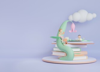 children book illustration background with the child read in giant tree 3d Render