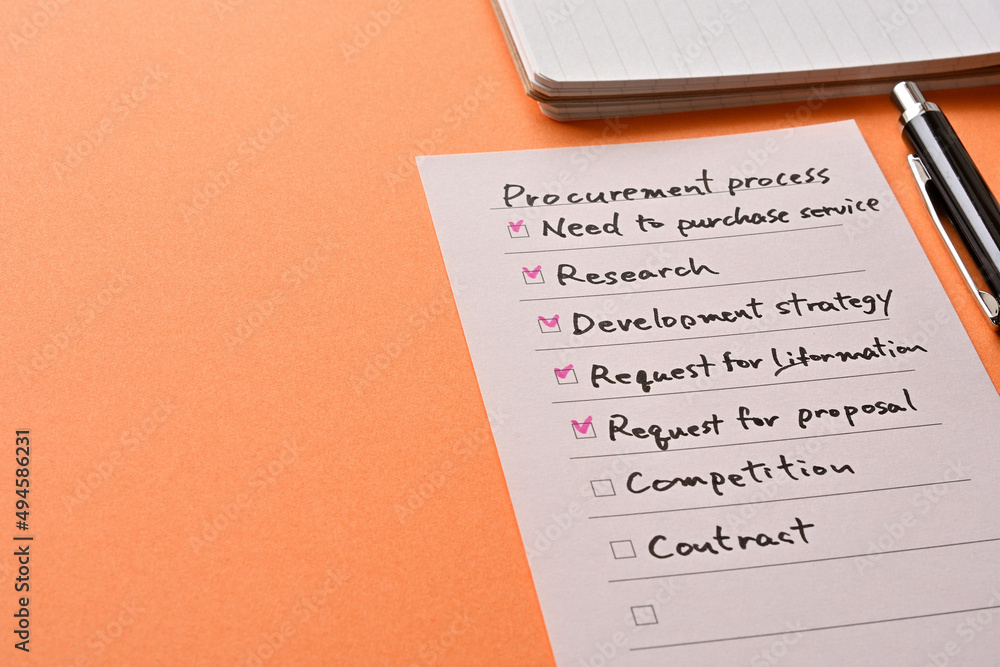 Poster the purchasing process on check list is placed there along with a pen and a notebook.
