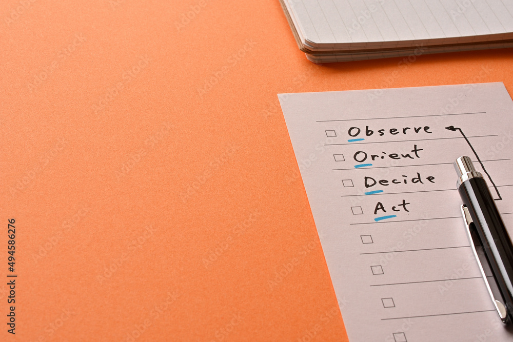 Poster the ooda loop on check list is placed there along with a pen and a notebook.