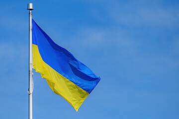 A Ukrainian flag flies in a gentle breeze on a sunny day. Blue sky behind with thin cloud.
