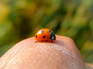 A macro shot of ladybug on man's skin with blurred background