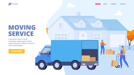 Delivery men moving boxes to a new house. Moving service, delivery service, relocation concept. Courier Flat vector illustration. Web site, landing page, banner, hero image.