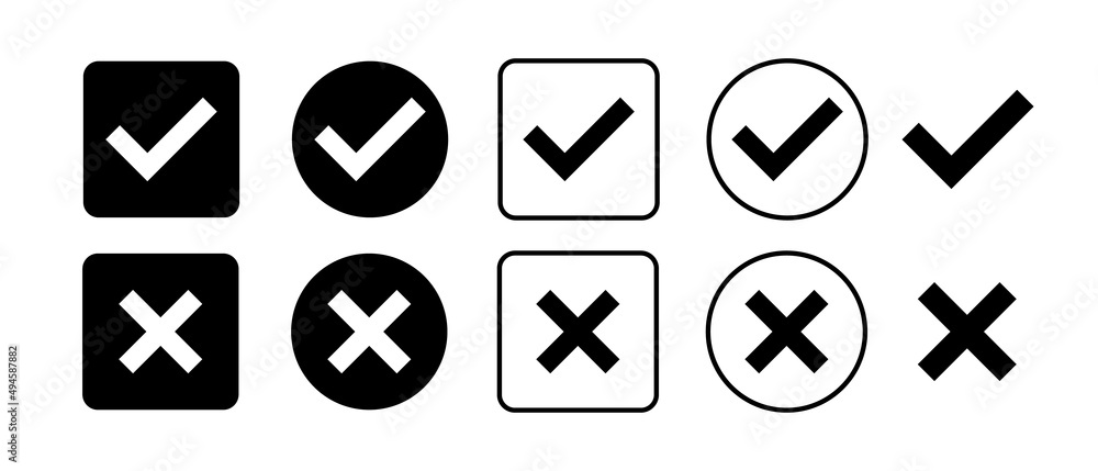 Poster check mark and cross mark black icon set. isolated tick symbols. checklist signs. right and wrong si