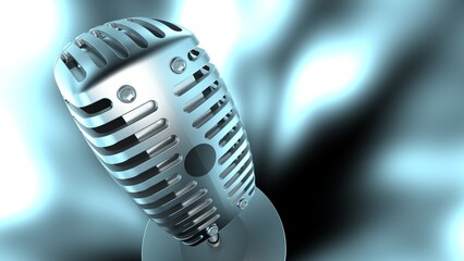 Fototapeta na wymiar Metallic silver retro microphone under sky-blue flash lighting background. Concept image of justice declaration, first stage, telecommute and remote-work. 3D CG. 3D illustration.