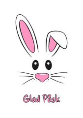Swedish text Glad Påsk. Happy Easter vector lettering and bunny. Isolated on white background