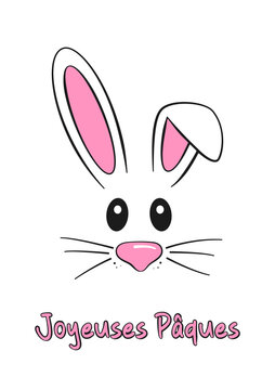 French text Joyeuses Pâques. Happy Easter vector lettering and bunny. Isolated on white background