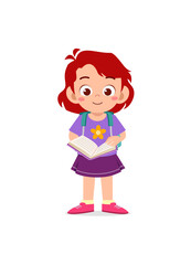 little kid standing and reading a story book