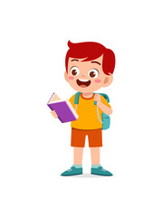 little kid standing and reading a story book