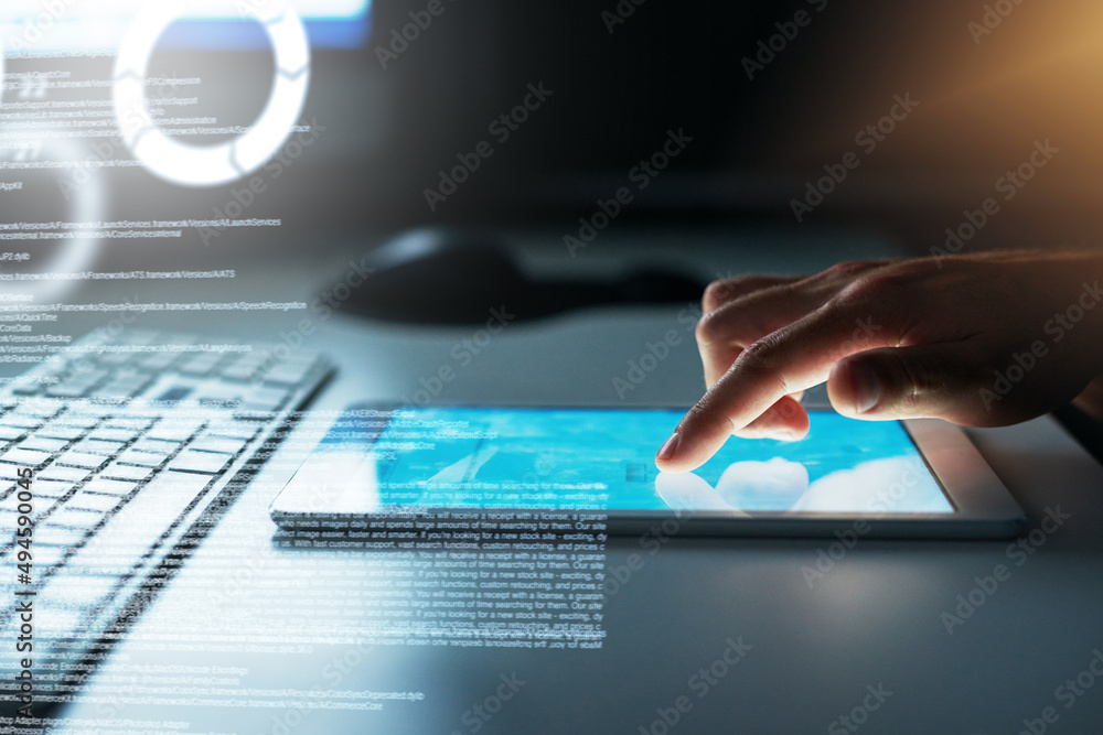 Poster he needs some down time too. closeup of an unrecognizable programmer browsing on a digital tablet in