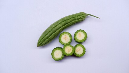 Momordica charantia known as bitter melon, bitter apple, bitter gourd, bitter squash, balsam-pear on isolated background 