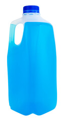 Plastic milk container with blue cap filled with blue liquid. - obrazy, fototapety, plakaty