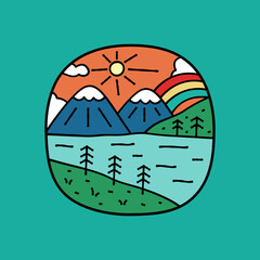 Nature mountain lake and rainbow, design for t-shirt, sticker, badge, kids stuff, etc