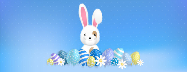 a cute white bunny behind colored eggs and flowers on a blue background
