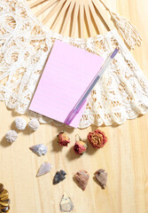 Notepaper on Vintage Lace Fan With Dried Roses and Native American Arrowheads