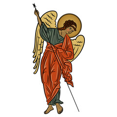 Winged medieval angel with spear. Russian Orthodox Christian design. Isolated vector illustration. On white background.
