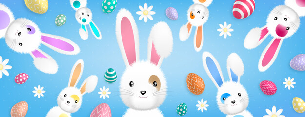 many cute white rabbits and many colored eggs and flowers all around on a blue background