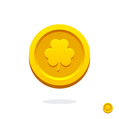Golden leprechaun coin. Saint Patrick's Day golden coin. Coin icon. Money symbol. Golden coin with clover. St. Patrick's day symbol. Treasure sign. Golden leaf. Clover icon. Symbol of luck. Cash money