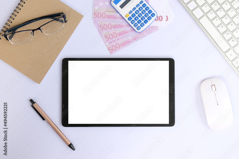 Poster mock up digital tablet with blank screen, keyboard and copy space on white screen background