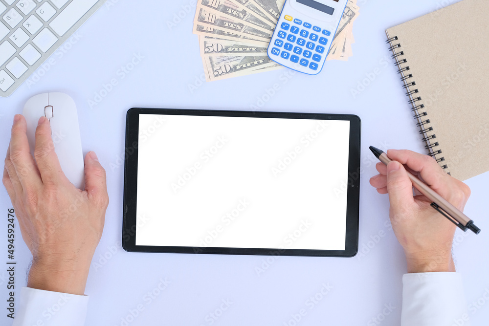 Poster tablet computer with isolated screen. business workplace with computer and wireless mouse and keyboa