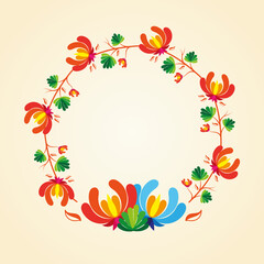 round nature frame with flowers and leaves in the style of Ukrainian Petrykivka painting