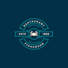 Vintage Retro Badge Seafood Fish Market and Restaurant Emblem Template Silhouettes Typography Logo Design