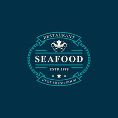 Vintage Retro Badge Seafood Fish Market and Restaurant Emblem Template Silhouettes Typography Logo Design