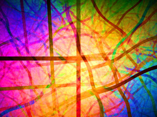 Imagen de arte abstracto digital compuesto de trazos rectos negros cruzados sobre un conjunto de manchas coloridas formando algo con aspecto de ser un enrejado deformado por acci&oacute;n luminosa.