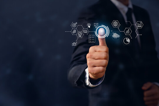 Businessmen Fingerprint scanning and biometric authentication, processing biometric access personal data. Person unlocking devices with fingerprint scan biometrics security digital interface concept