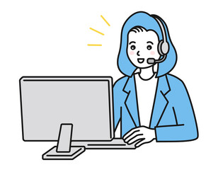 カスタマーサポート。パソコンの前でヘッドセットを着けた女性。コールセンターのコンセプトイラスト。